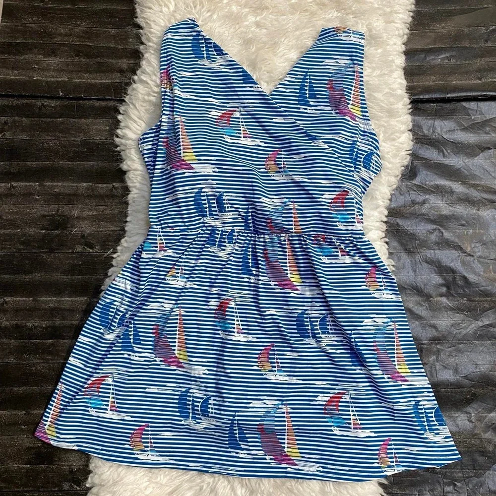 LANDS' END SWIM DRESS BLUE SAILBOAT STRIPE ONE PIECE SWIMSUIT NAUTICAL COASTAL